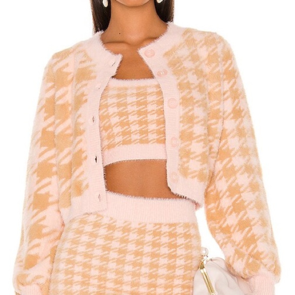 For Love And Lemons Pink and Tan Cardigan And Skirt Set